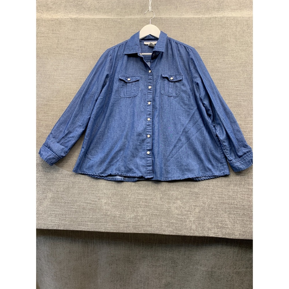 Cathy Daniels Chambray Shirt Womens‎ XL Blue Cotton Sparkly Glitter Pearl Snap